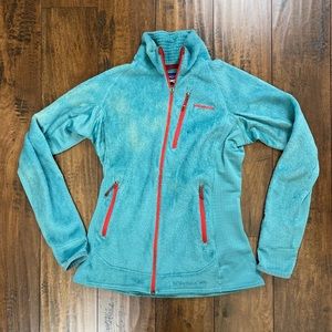 PATAGONIA Women’s Fleece Jacket Teal Red Full Zip Polartec Small Distressed